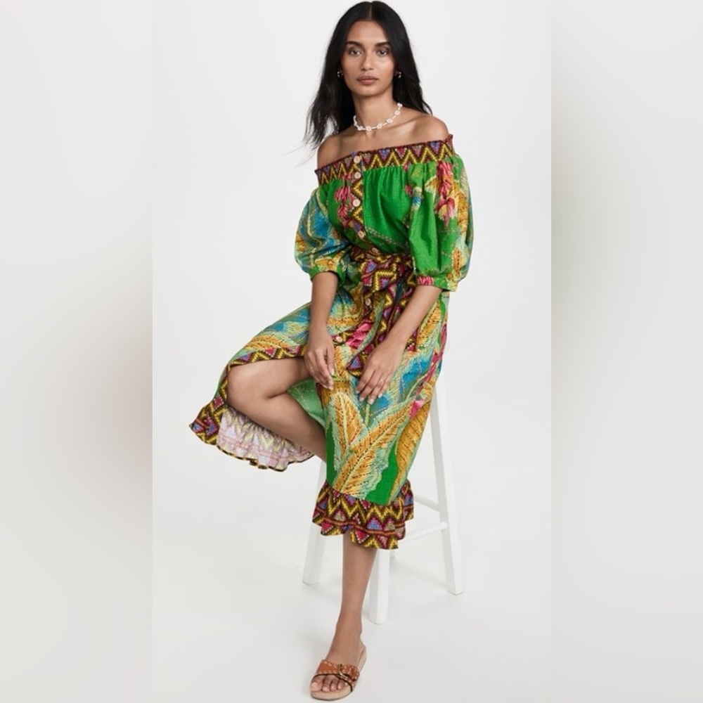 Farm Rio Banana Leaves Off-the-Shoulder Midi Dress, Size Small - Picture 2 of 14